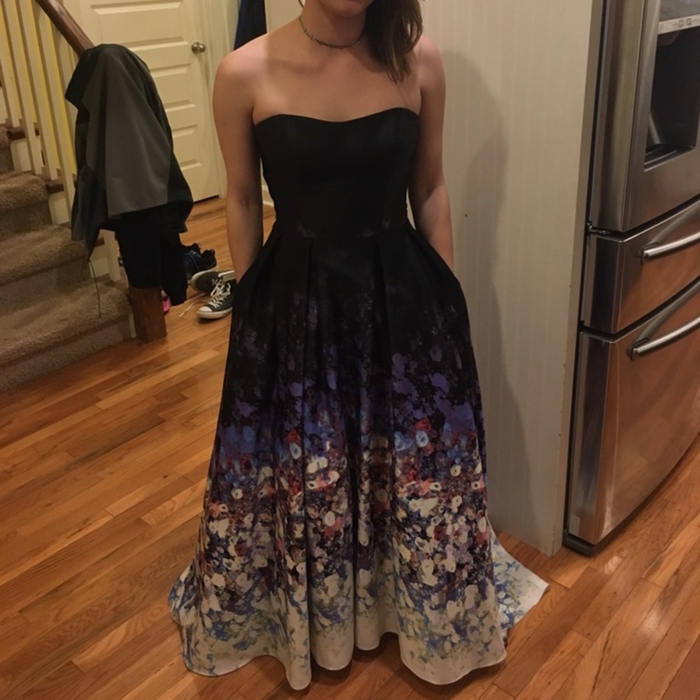 Floral ballgown strapless prom dress pockets black